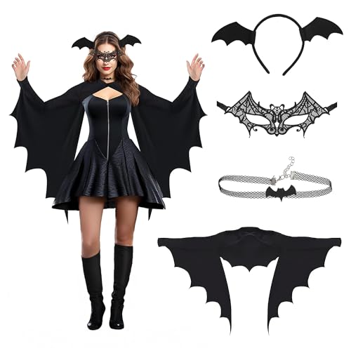 Nilioyul Fledermaus Kostüm Damen Schwarz Fledermaus Kostüm Umhang Mit Maske, Haarreif, Halskette Set Karneval Teufel Erwachsene Vampire Halloween Party Outfit für Fasching Cosplay