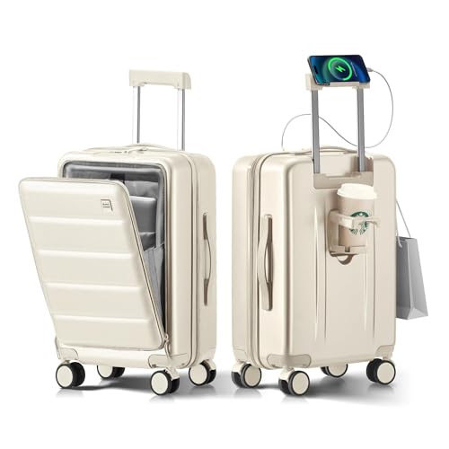 20 IN Carry On Luggage 22x14x9 Airline Approved - Front Pocket Hardside Travel Suitcase Unbreakable -with Cup Holder,Charging Port,Side Pothook, 360°Spinner Wheels, TSA Lock-White
