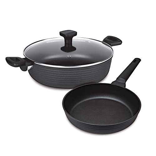 MasterPan 3-Piece Contemporary Stripe Design Signature Non-stick Cookware, Fry, 9.5-inch and Saute Pan with lid, Designer Series