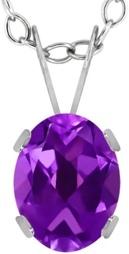 Gem Stone King 14K White Gold Purple Amethyst Solitaire Pendant Necklace For Women | 1.10 Cttw | Gemstone February Birthstone | Oval 8X6MM | With 18 Inch Chain