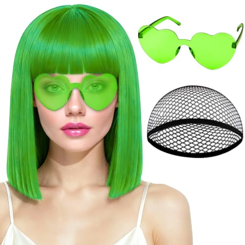 PLULON Grass Green Bob Wig with Bangs Short Straight Bob Wig with Heart Sunglasses 12 Inch Shoulder Length Heat Resistant Synthetic Hair for Women Natural Look Daily Cosplay Halloween Costume Party
