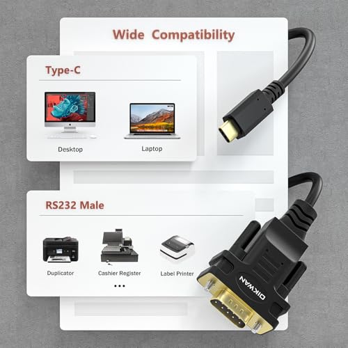 Image of USB Type C to RS232 DB9 Serial Port Adapter Cable, FTDI Chipset, Supports Windows 11, 10, 8, 7 and Mac Linux