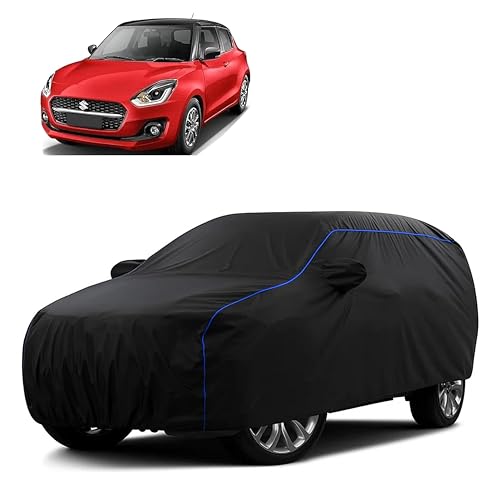 Image of Sulfar 100% Water Resistant Car Body Cover Compatible with Mirror for Maruti Suzuki New Swift (Triple Stitched, Full Bottom Elastic, Black Tafetta with Blue Piping)