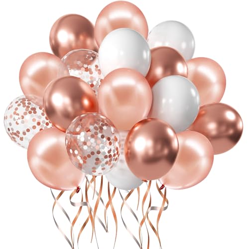 Zesliwy 50pcs Party Balloons Rose Gold Balloons Rose Gold Metallic White Balloons with Confetti Balloons for Birthday Party Wedding Graduation Anniversary Bridal Shower Decorations