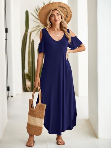 Image of BELAROI Womens Cold Shoulder Maxi Dress Plus Size V Neck Summer Sundresses with Pockets Beach Coverup Vacation Outfits
