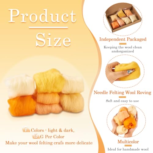 Image of Magibeasd 1.23 oz Wool Roving for Needle Felting Nature Wool Yarn Kit Variety Orange Tones for Beginners Felted Crafts DIY Materials Hand Spinning Supplies