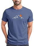 Neverless® Herren T Shirt Frontprint Line Art Berge Wandern Natur Outdoor Fashion Streetstyle Denim Blue L
