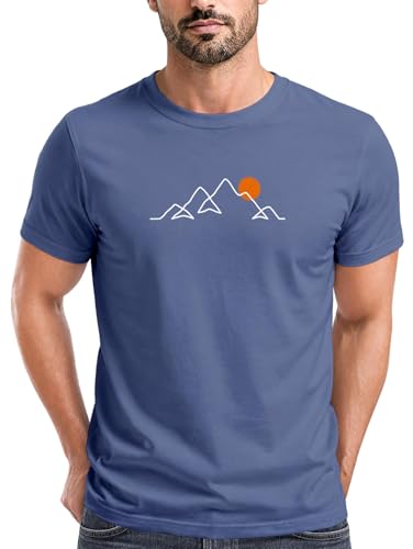 Neverless® Herren T-Shirt Frontprint Line-Art Berge Wandern Natur Outdoor Fashion Streetstyle Denim-Blue M