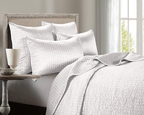 Hiend Accents Satin Channel 3 Piece Quilt Set With Pillow Shams, Super Queen Size, White Solid Color, Classic Traditional Modern Style Luxury Bedding, Lightweight Bed Cover, 1 Quilt And 2 Pillowcases #TOP20