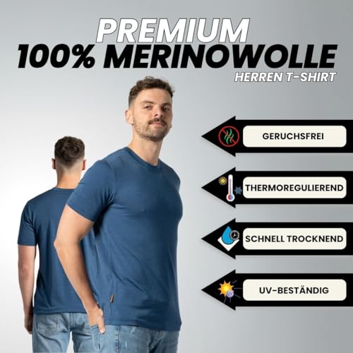 menique 100% Merino Wolle T-Shirt Herren Funktionsshirt Laufshirt Wandern Reisen Unterhemd Thermo Basisschicht Atmungsaktiv Kurzarm Sportshirt, Denim Blau, L