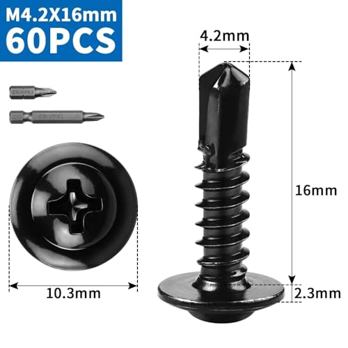 TXXATX Self-Tapping Screws M4.2 x 16 mm Self-Tapping Screws Pack of 60 Drilling Screws Stainless Steel 410 with Screwdriver Bit Metal Screws Self-Tapping for Furniture Wood Boards - Image 2