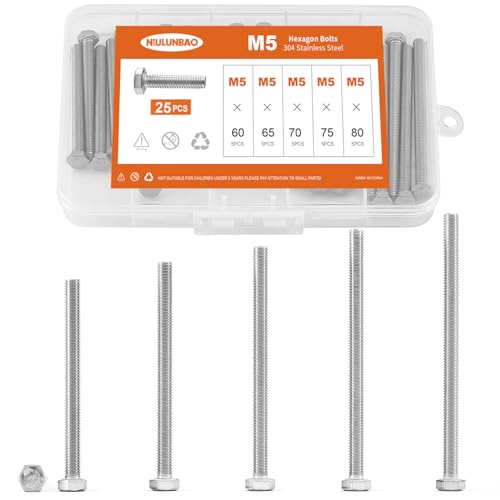 Image of M5 x 60mm 65mm 70mm 75mm 80mm Heavy Duty Hexagon Bolts Hex Head Screws, 304 Stainless Steel, Metric Fully Thread, Machine, Bright Finish, Assortment Kit 25PCS