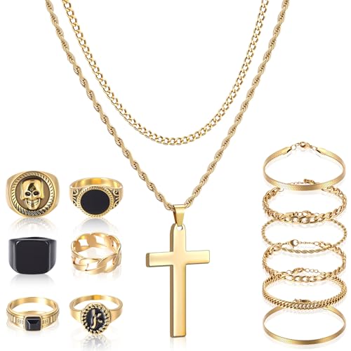 Kigeli 15 Pcs Gold/Silver Jewelry Set for Men Cross Pendant Necklace Cuban Bracelet Vintage Ring Gothic Hip Hop Jewelry Set(Gold Classic)