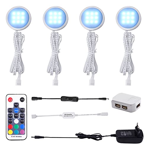AIBOO RGB LED Schrankbeleuchtung 4er Set, 12V LED Unterbauleuchte Farbwechsel mit Fernbedienung, Dimmbar RGB Vitrinenbeleuchtung LED für die Beleuchtung von Küchenschränken