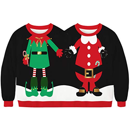 Gracin Men's And Women's Two Person Ugly Christmas Sweater- 3D Printed Couple Sweatshirt Adult Jumper Black(S/M, Santa&Elf) #TOP2