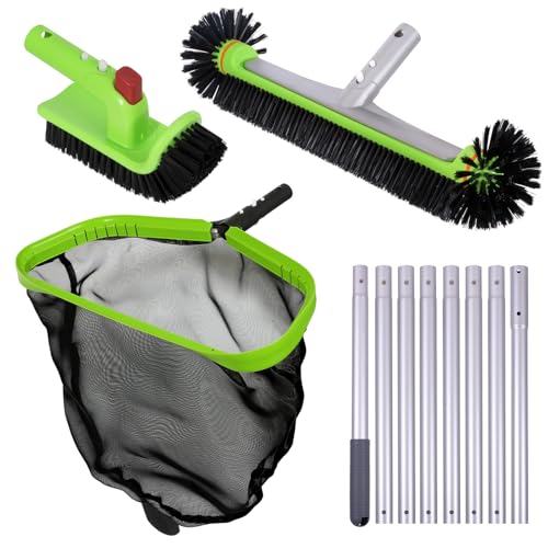 Deluxe Swimming Pool Cleaning Kit Including Professional Leaf Skimmer Net, 17.5' Pool Brush Head,Scrub Brush and 10.5 FT Pole