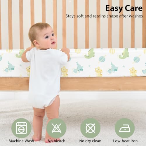 Image of Baby Crib Sheets for Boys and Girls, 3 Pack Toddler Bed Sheets for 52 inchx28 inch Standard Toddler Mattresses, Soft Microfiber Fitted Crib Sheets Neutral Green Dinosaur Planet