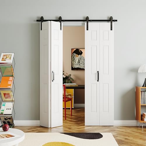 SOLRIG 48'（24' x2） x 84' Bi-Folding Barn Door, 6-Panel with Sliding Hardware Kit Set, Pre-drilled Closet Door Slab, 4.3FT Track for 4 Finished Doors, MDF, White