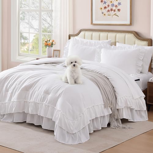 Image of Full Size Comforter Set White Ruffle 7 Pieces Farmhouse Bed in a Bag | Shabby Chic Fluffy All Season Bedding Sets with Sheets, Pillowcases & Shams
