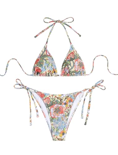 Image of ZAFUL Womens Printed Triangle Bikinis 2 Piece Halter Bikini Sets High Cut Bathing Suit Side Tie Swimsuits