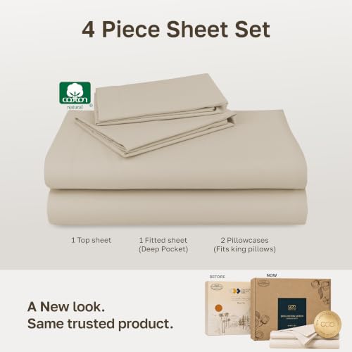 Image of Soft Natural 100% Cotton Sateen King Size Bed Sheets, 4 Pc Set, Butter