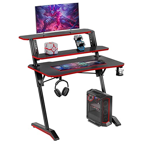 DlandHome Gaming-Schreibtisch, höhenverstellbar, mit Regal, Aufbewahrung für Schreibtisch, Gaming, 105 cm, Schreibtisch, Gaming, mit Haken für Kopfhörer, Getränkehalter & Halterung für Kabel, Schwarz Cover