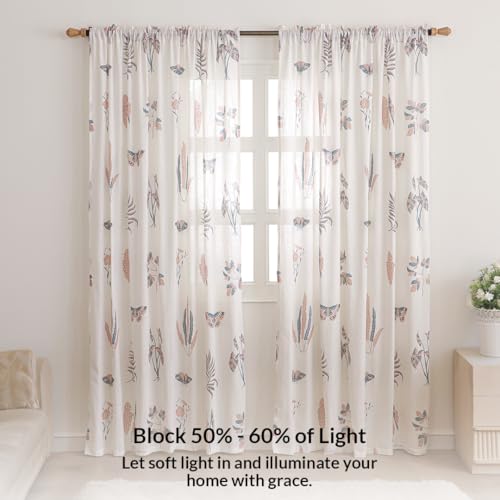 Image of HOMEMONDE Cotton Curtains for Window - Transparent Printed Light Filtering Sheer 6 Feet Curtain, Rod Pocket Top Style Pack of 2 - (Lunaria Garden, 72 Inch)