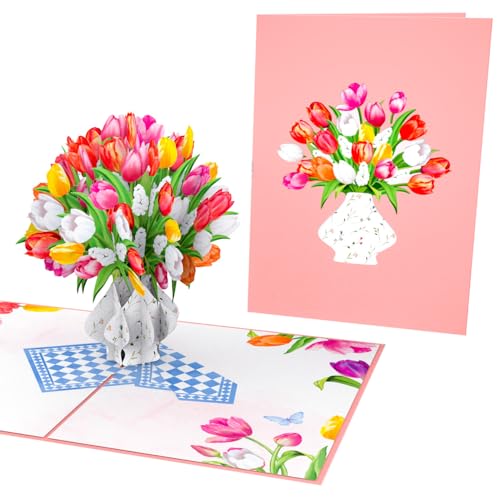 PopLife Colorful Tulip Bouquet 3D Pop Up Card - Handmade Greeting Card for Mother's Day, Anniversary, Valentines, Birthday, Easter - Gift for Mom, Wife, Grandma, Sis, Daughter, Aunt, Mother-In-Law