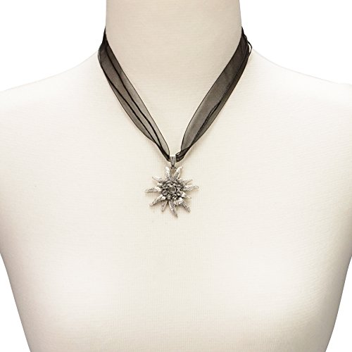 Bavarian organza necklace with rhinestone Edelweiss, Ladies costume jewelry, traditional german pendant necklace for Dirndl, Leather trouser, Oktoberfest (black)4
