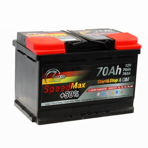 SMC Autobatterie Speed Max 70Ah Agm Start&Stop 12V 760A Starterbatterie für Autos mit hohem Energiebedarf Start-Stop ersetzt 65 70 Ah 75 80ah überlegene Leistung