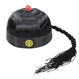 Generic Vintage Oriental Chinese Hat Ancient Qing Dynasty Royal Emperor Hat with Ponytail New Year Role Play Cosplay Accessories (Black), Large