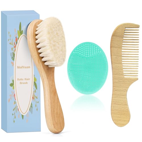 MolYuan Lot de 3 brosses à cheveux et peignes pour bébé, poils de chèvre et brosse à cheveux en silicone bleu pour berceau (Vert Brosse en silicone)