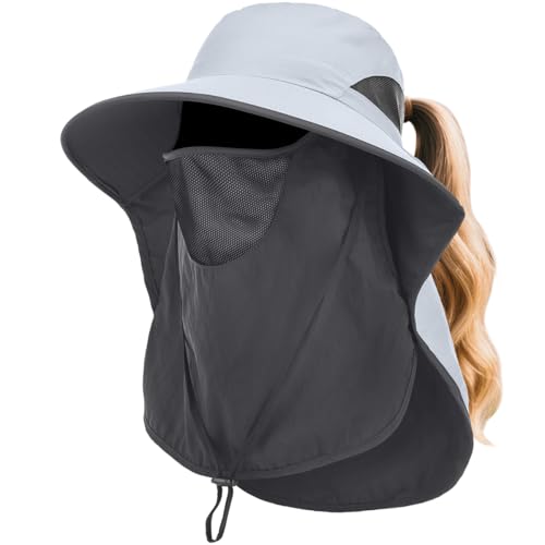 Womens Sun Hat Wide Brim UPF50+ Outdoor Sun Protection Ladies Fishing Hat with Neck Flap Detachable Face Cover (US, Alpha, One Size, Light Grey)