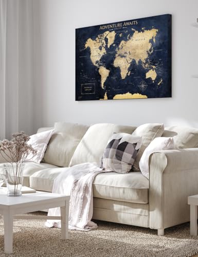 Image of IPIC - Canvas World Maps for Wall Decor, Push Pin Board Decor to Mark Travels, Oversize World Travel Map Print for Home, Office, Study, and RV, Ready to Hang