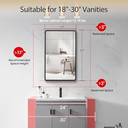 Image of 17x27 Medicine Cabinet with Mirror, Black Metal, Recessed or Surface Mount