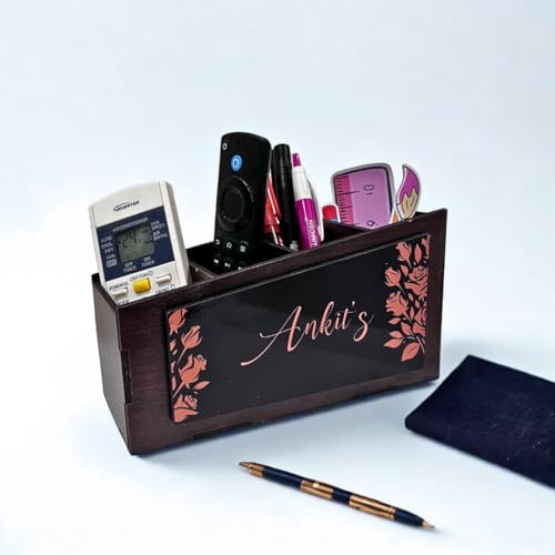 Image of Zesta Wooden Desk Organizer Pen Stand Remote Holder Card Slot | Table Accessory Office Desk Study Room | Pencil Storage Stand Stylish Workspace Decor (Custom)