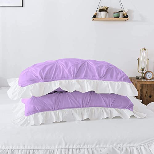 Image of 300 TC Pinch Ruffle 2 Tone Duvet /Razai /Blanket Cover with 2 Pillow Cover- 100% Cotton (Zipper Closure) Razai Cover 3 PC Set, Soft & Lightweight-Double Size White /Lavender