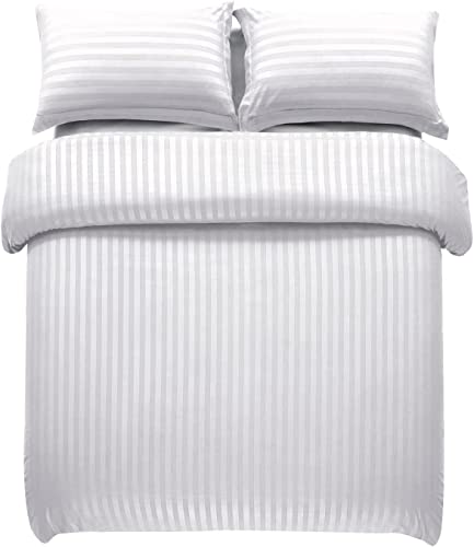 Hafaa Satin Stripe King Size Duvet Cover Sets White - Premium Hotel Quality Quilt Cover Bedding Sets - Hypoallergenic Ultra Soft Brushed Microfiber Bed Linen