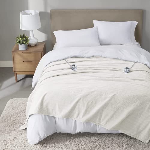 Serta Travis Fleece Ultra Soft Tri-Rib Textured Electric Blanket, Cozy And Snuggly Cover Fast Heating For Cold Weather, Auto Shut Off, Multi Heat Setting Controller, King, Cream #TOP19