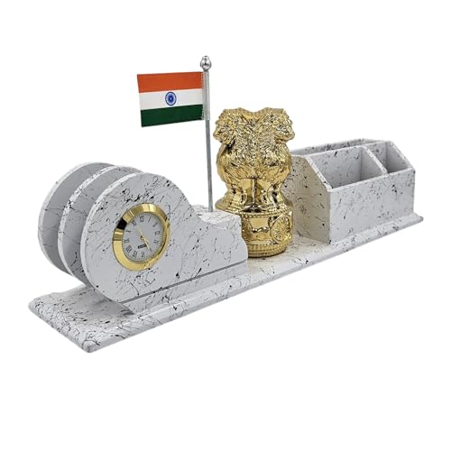 Image of WOOD HOUSE White Marble Look Wooden Pen Stand with Flag - Elegant Desk Organizer for Pens and Office Essentials - Patriotic Flag Accent - Stylish and Functional Home and Office Decor (WH-19)