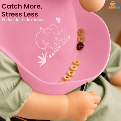 Image of BabyGo Silicone Baby Bib for Feeding & Weaning Infants & Toddlers |Waterproof, Washable & Reusable | Adjustable Neckline, Lightweight & Foldable Bib with Deep Food Catcher Pocket |Pink (Pack of 1)