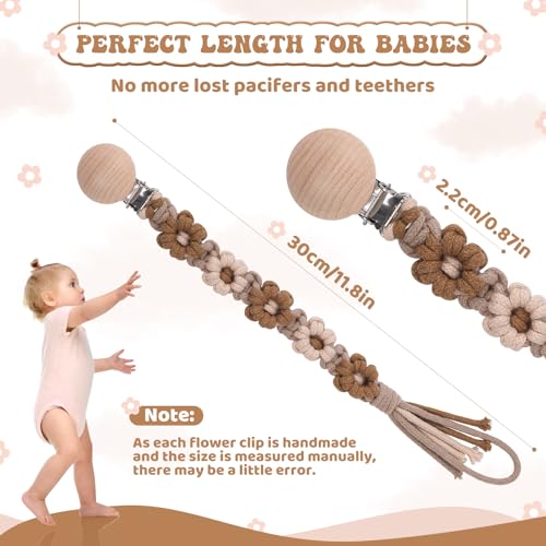 Image of Pacifier Clip for Boys Girls Floral Daisy Macrame Baby Paci Clip Pacifier Holder Leash Boho Wooden Clips Handmade Braided Cotton Binky Clips (1pack:Maillard Style)