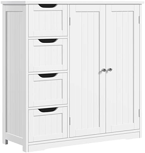 Yaheetech Wooden Bathroom Floor Cabinet, Side Storage Organizer Cabinet with 4 Drawers & Double Doors, Freestanding Entryway Storage Unit Console Table, Bathroom Furniture Home Decor, White