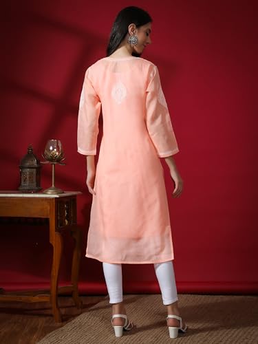 Image of Seva Chikan Hand Embroidered Lucknowi Chikankari Cotton Kurta Kurti for Women SCL4302