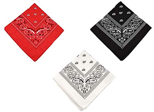 Kit Com 3 Lenços Bandanas (Preta, Branca e Vermelha)