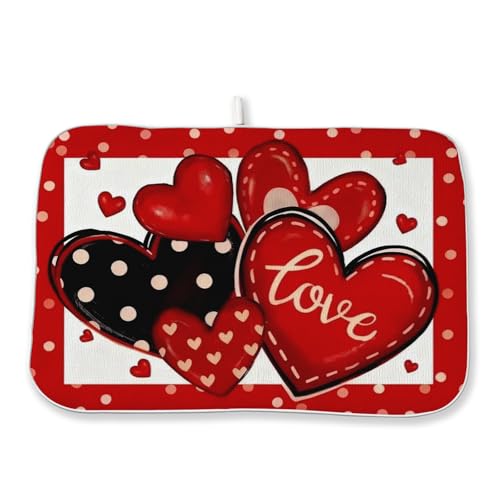 Valentines Dish Drying Mat 18x24 Inch Black Red Hearts Dish Drainer Protector Pad for Kitchen Counter Absorbent Holiday Love Drying Pad for Drainer Rack Kitchen Fast Dry