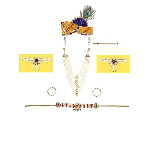 Image of Krishna Dress for Kids, Baby Krishna Dress for Janmashtami with Krishna Mukut, Peacock Feather & Flute Embroidered Krishna Costume for Girl & Boy, 3 Months-8 Years