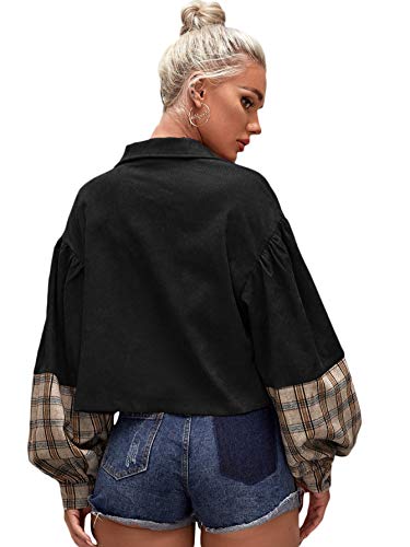 Verdusa Women's Puff Long Sleeve Pocket Front Plaid Casual Tartan Outerwear Corduroy Jacket Black L #TOP1