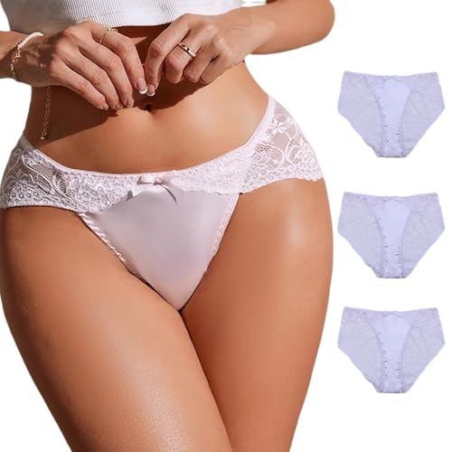 Lista de Braguitas, tangas y culotes para Mujer al mejor precio. 45 4UFIT - Bragas de seda sexy para mujer, encaje hipster en la espalda con lazo, volantes, bikini, ropa interior, paquete de 3, Morado (paquete de 3), M