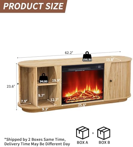 63" Fireplace TV Stand for TVs Up to 70" with 23" Electric Fireplace, Mid-Century Modern Fluted TV Media Console Table with Storage and Shelf, Curved Edge Entertainment Center for Living Room(Natural) - Thumbnail 5